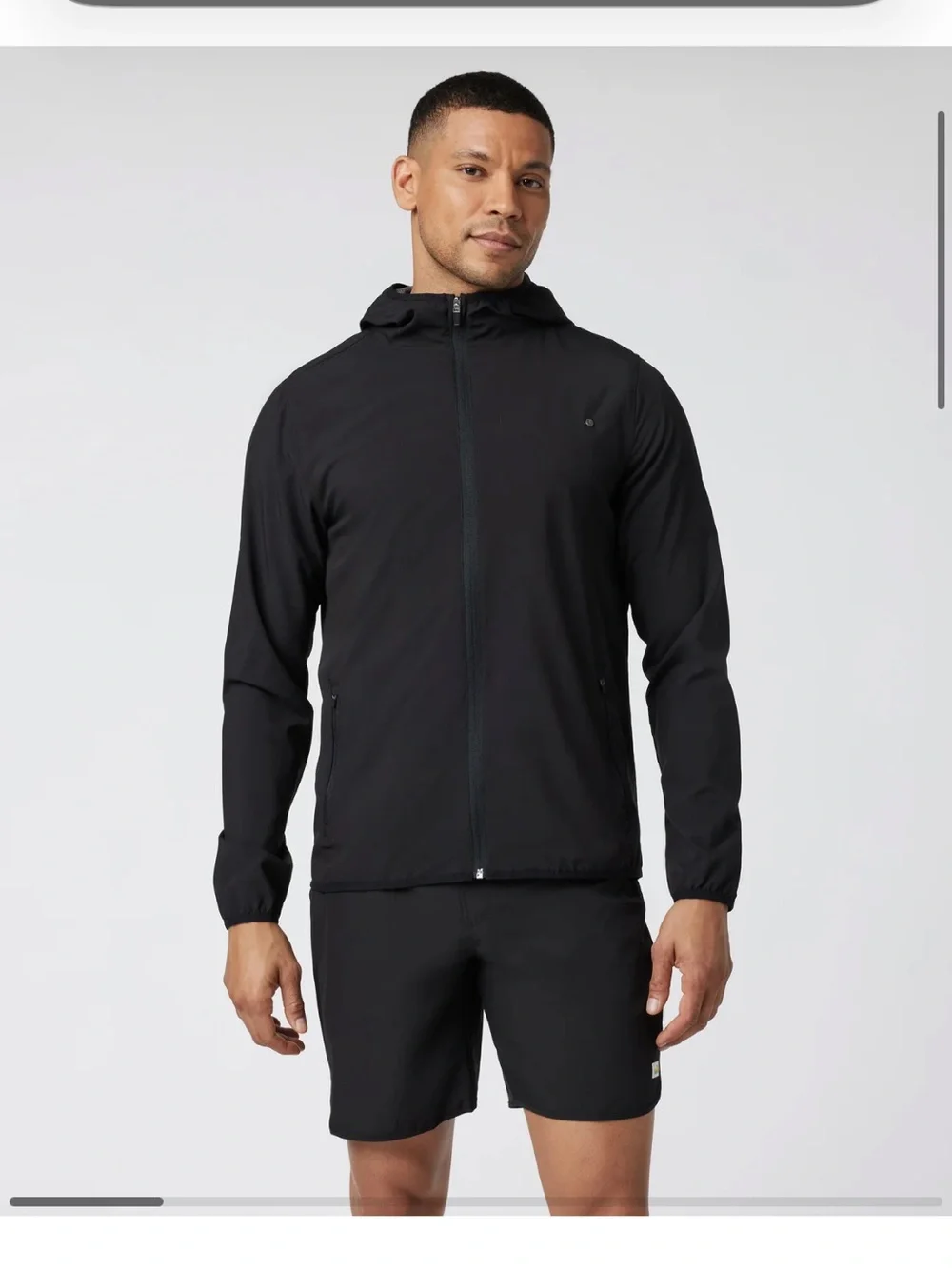 Vuori Outdoor Trainer Shell Black Mens Hooded Jacket Stretch Pockets Sz L - Picture 1 of 16
